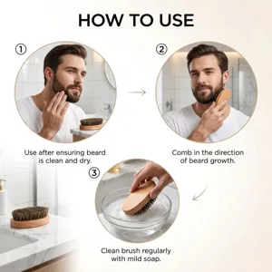 Beard brush detail view showing cleaning and daily grooming usage instructions for men.
