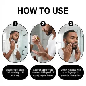 Detailed step-by-step guide image showing how to correctly apply mens beard care oil.