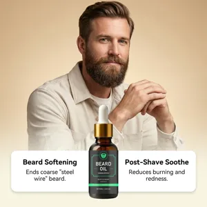 Men's sandalwood beard oil softens coarse beard and soothes post-shave skin irritation.