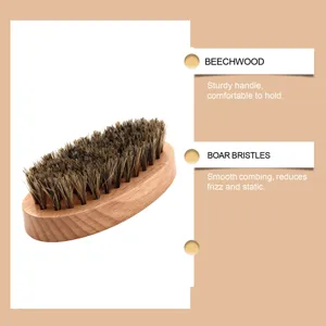 Detailed view of the natural boar bristle beard brush with sturdy beechwood handle for daily care.