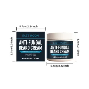 Detail view of the men anti fungal beard cream jar and box with clear size dimensions.
