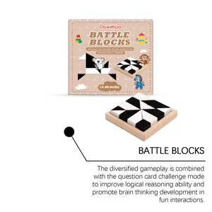 Wooden geometric puzzle blocks set with wooden tray and challenge cards for kids education.