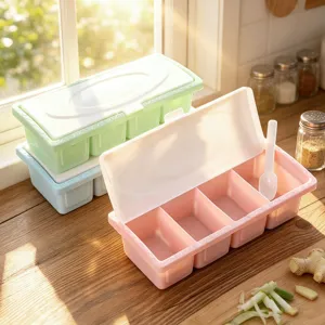 Moderne Minimaliste Pots à Épices en Plastique Boîte d'Assaisonnement 4 Grilles avec Couvercle et Cuillère Récipient de Rangement de Cuisine