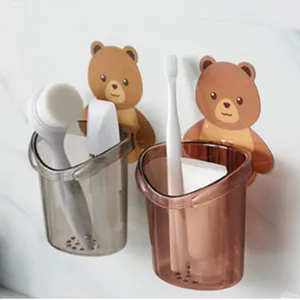 Bathroom Wall Mounted Toothbrush Holder Cute Cartoon Bear Storage Cup Punch Free Plastic Organizer