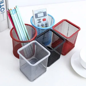 Metal Wire Mesh Pen Holder Hollow Desktop Stationery Organizer Round Square Pencil Cup For Office School Desk Storage
