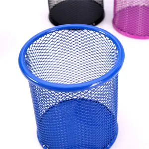 Blue metal mesh pen holder desktop storage organizer for office stationery and school supplies.