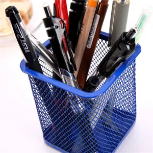 Blue metal mesh pen holder desktop stationery organizer for office and school supplies storage.