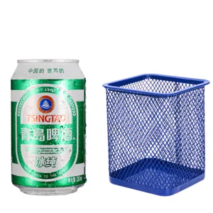 Metal mesh pen holder, square desktop organizer for office and school stationery supplies blue.