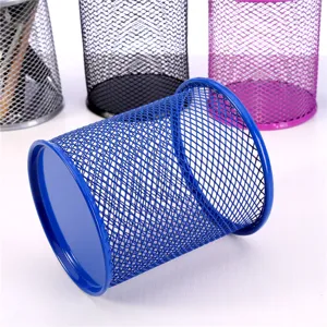 Metal mesh desk organizer pencil holder round storage container for office school stationery supplies.