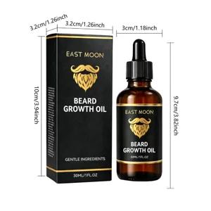 EAST MOON beard growth oil 30ml detail view with dimensions for men daily grooming care.