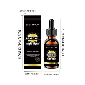 Detailed view of East Moon vanilla beard oil showing precise dimensions and bottle design.