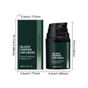 Vista dettagliata del flacone di olio da barba da 60ml con scatola e misure esatte.