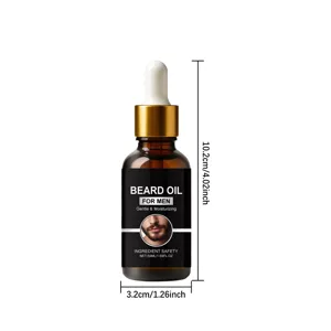 Men beard oil dropper bottle detail view showing 50ml capacity and compact dimensions.