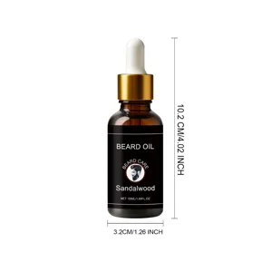 Sandalwood beard oil 50ml dropper bottle detail showing dimensions and packaging design.
