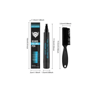 Detailed view of men beard filling pen kit, featuring black liquid filler and grooming brush.