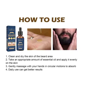 Detail view of EELHOE beard enhancement oil showing liquid texture on hand and daily usage steps.