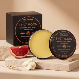 EAST MOON grapefruit beard butter and grooming balm for daily styling and deep moisturizing care.