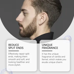 Men beard care essential oil detail image featuring split ends repair and vanilla fragrance.