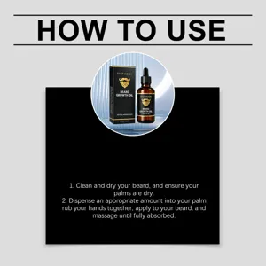 Detail view of beard oil bottle and box displaying usage guide and gentle daily formula.