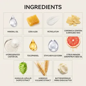 Beard styling balm ingredient chart detailing natural extracts and nourishing oils for daily care.