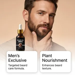 Detailed view of men's beard oil featuring a nourishing formula for smooth and glossy facial hair.