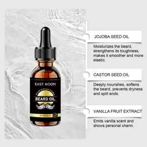 East Moon vanilla beard oil detail view, featuring jojoba and castor oil extracts.