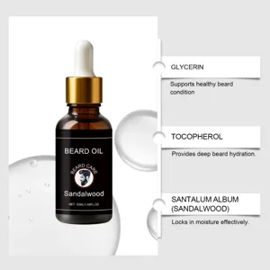 Detailed view of sandalwood beard oil dropper bottle with natural ingredient benefits and hydration.
