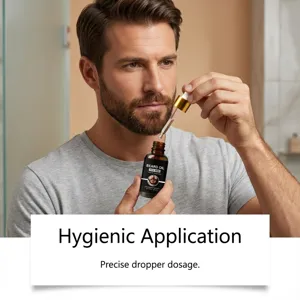 Beard oil dropper detail showing hygienic application and precise dosage for daily men care.