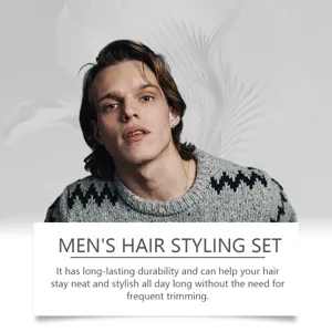 Détail de pommade coiffante pour homme montrant un modèle avec une tenue parfaite.