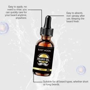 East Moon vanilla scented beard oil detail view showing dropper design and smooth texture.