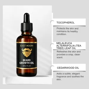 East Moon beard growth oil 30ml detail view showing natural ingredients and dropper bottle.