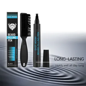 East Moon beard filling pen kit in black for men grooming. Detail view showing pen and brush.
