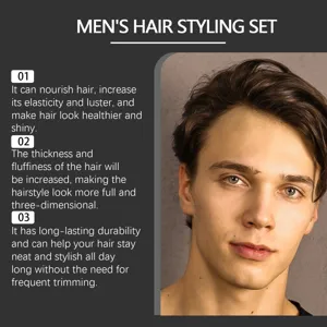 Détail du set de coiffure pour hommes montrant l'effet coiffant, la texture et le volume.