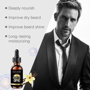 Close-up of East Moon vanilla beard oil bottle with dropper, highlighting nourishing.