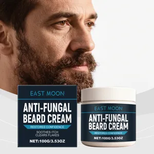 Close-up detail of beard cream jar and packaging, showing anti-fungal formula and features.