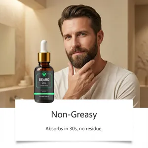 Beard oil detail view, nourishing sandalwood formula, non-greasy texture for easy daily care.