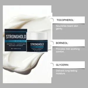 Detail shot of men's beard care cream jar and box showcasing smooth texture and ingredients.