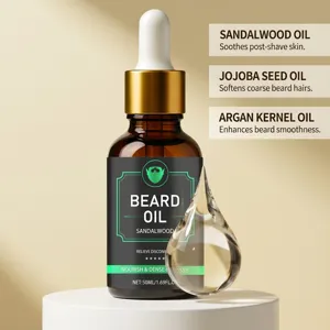 Close up of beard oil dropper bottle with natural sandalwood scent and nourishing care formula.
