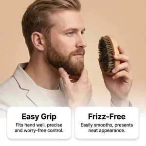 Detailed close-up showing ergonomic wooden handle and dense bristles for easy beard grooming.