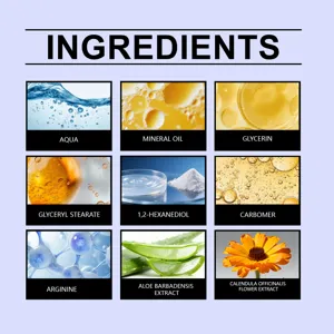 Detailed product ingredient showcase featuring active elements like aloe and mineral oil.