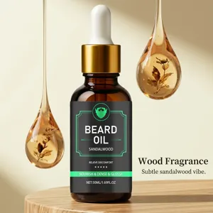 Detail shot of men beard oil dropper bottle with sandalwood fragrance and nourishing details.