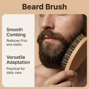 Detailed view of wooden beard brush with soft bristles for daily grooming and styling care.