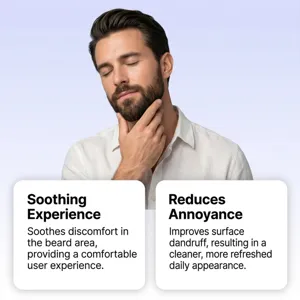 Close-up detail showing the soothing effect and smooth texture of beard care cream on male skin.