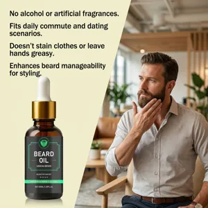 Detail view of nourishing beard oil with sandalwood scent, easy styling and daily care.