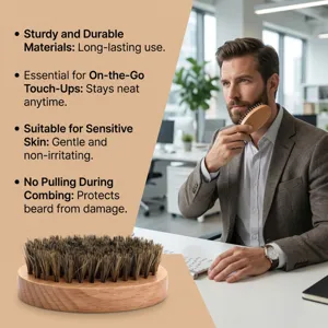 Wooden beard brush detail showing dense bristles and ergonomic handle design for daily grooming.