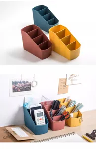 Multi-compartment plastic desk organizer, slanted pen holder and desktop storage box for office.