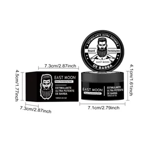 Detailed view of beard balm jar and box showing exact product dimensions and packaging design.