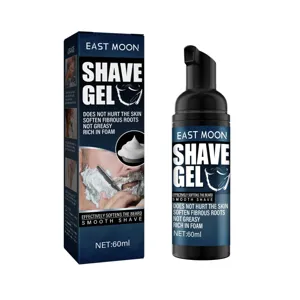 Close-up detail of East Moon 60ml shave gel bottle and packaging box showing pump dispenser.