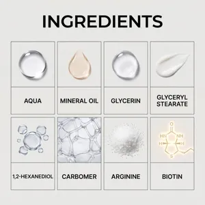 Men beard care cream ingredient detail infographic showing aqua mineral oil glycerin formula