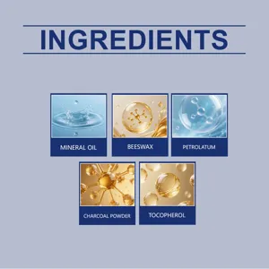 Infografía detallada de ingredientes con aceite mineral, cera de abejas y carbón.